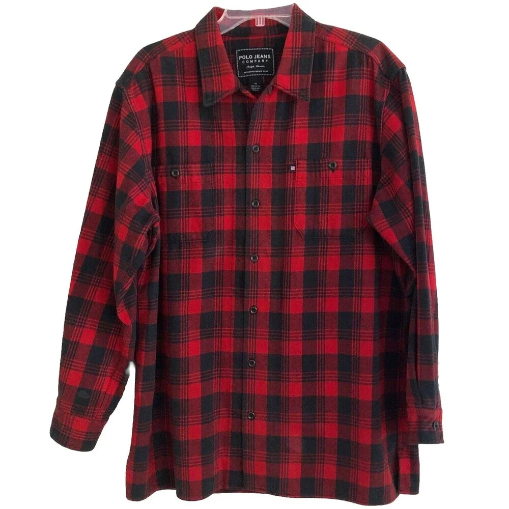 Polo Ralph Lauren Flannel Shirt Mens Size M Heavy Cotton Buffalo Plaid Cabincore
